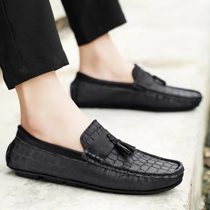 Men's Loafers Shoes Round Toe with Tassel Leather Driving Style Loafer Anti-Slip Flexible Flat Heel Prom Slip-on