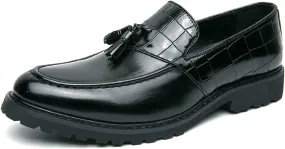 Men's Printed Leather Tassel Loafers Fashion Business Non-Slip Lug Sole Comfortable Block Heel Slip-on Dress Shoes for Party Wedding Office Penny Loafers