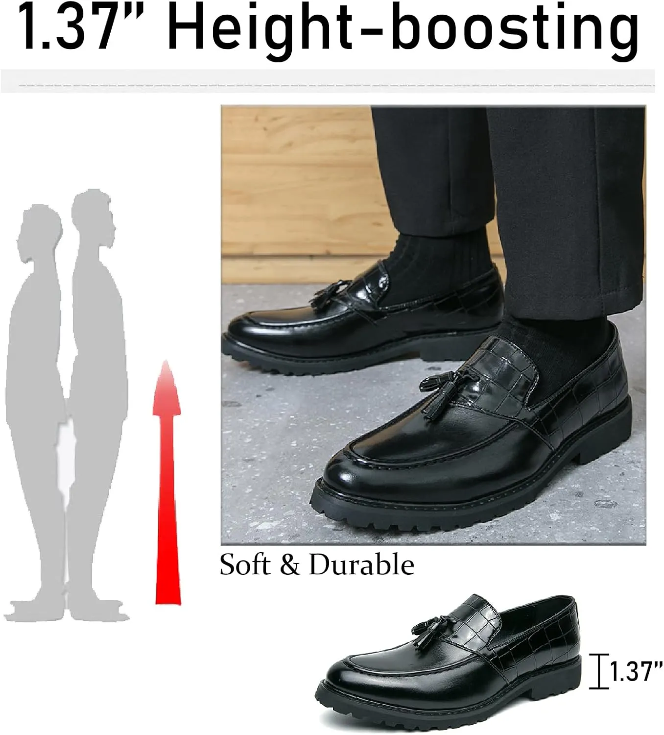 Men's Printed Leather Tassel Loafers Fashion Business Non-Slip Lug Sole Comfortable Block Heel Slip-on Dress Shoes for Party Wedding Office Penny Loafers