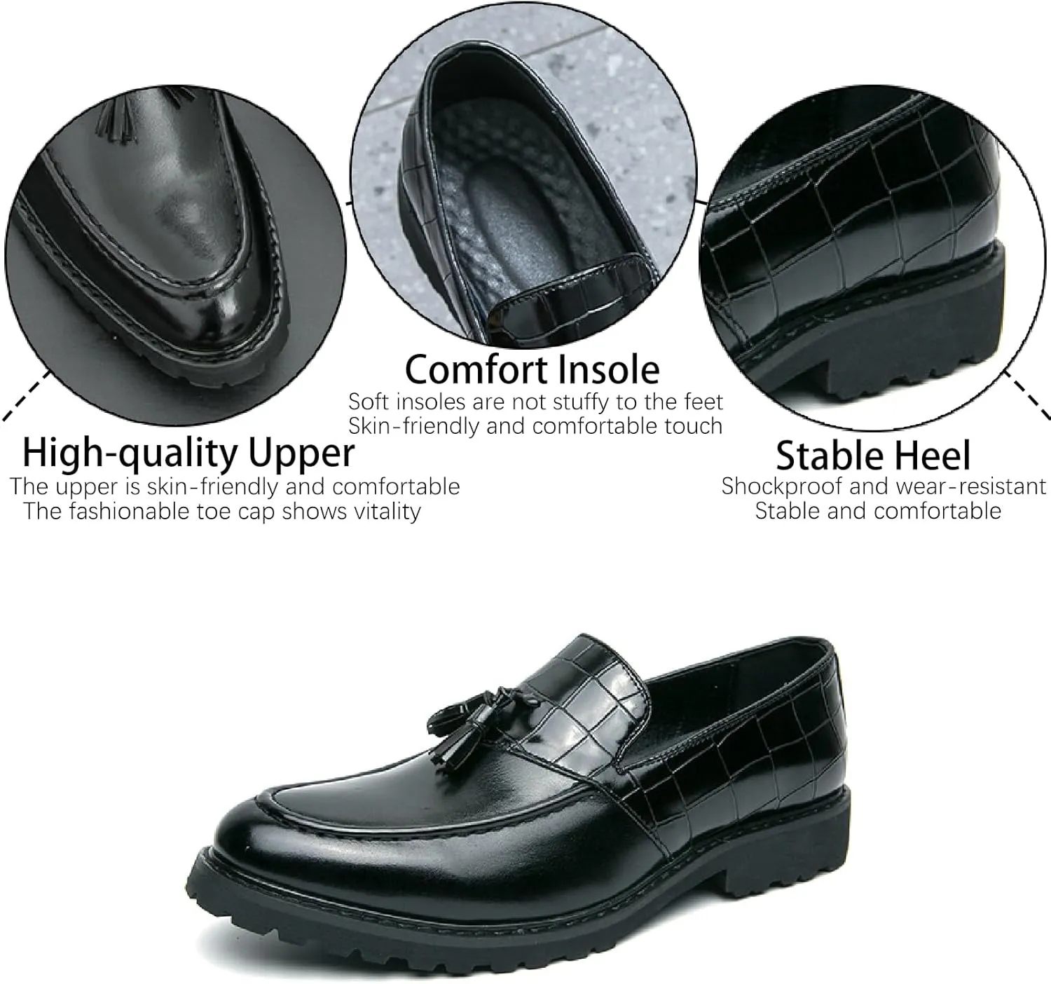 Men's Printed Leather Tassel Loafers Fashion Business Non-Slip Lug Sole Comfortable Block Heel Slip-on Dress Shoes for Party Wedding Office Penny Loafers