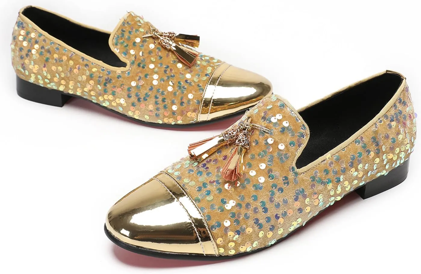 Santimon Men's Glitter & Tassel Dress Loafers | Genuine Leather Slip-On Wedding/Prom Shoes | Western-Inspired Moccasin Penny Loafers for Ballroom/Disco/Black-Tie Events