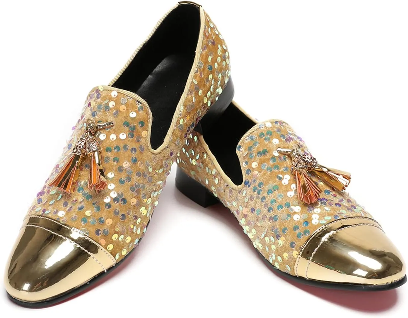 Santimon Men's Glitter & Tassel Dress Loafers | Genuine Leather Slip-On Wedding/Prom Shoes | Western-Inspired Moccasin Penny Loafers for Ballroom/Disco/Black-Tie Events