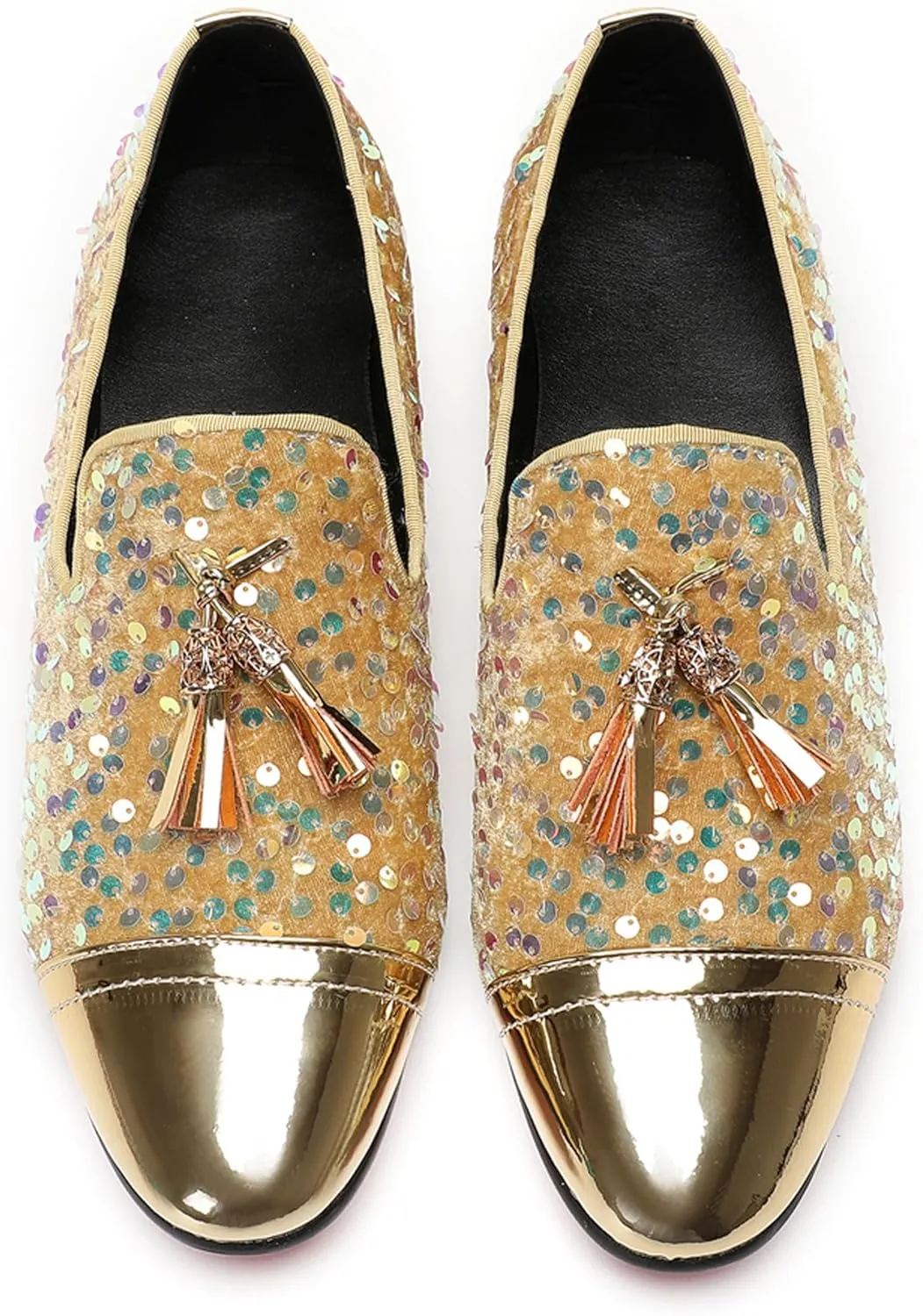 Santimon Men's Glitter & Tassel Dress Loafers | Genuine Leather Slip-On Wedding/Prom Shoes | Western-Inspired Moccasin Penny Loafers for Ballroom/Disco/Black-Tie Events