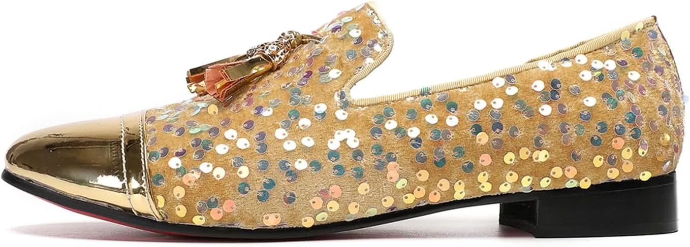 Santimon Men's Glitter & Tassel Dress Loafers | Genuine Leather Slip-On Wedding/Prom Shoes | Western-Inspired Moccasin Penny Loafers for Ballroom/Disco/Black-Tie Events