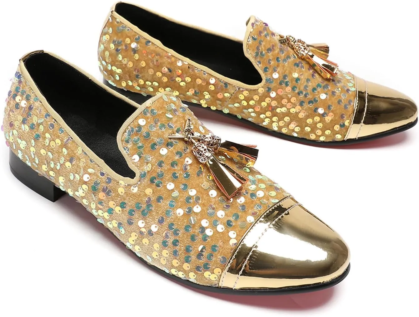 Santimon Men's Glitter & Tassel Dress Loafers | Genuine Leather Slip-On Wedding/Prom Shoes | Western-Inspired Moccasin Penny Loafers for Ballroom/Disco/Black-Tie Events