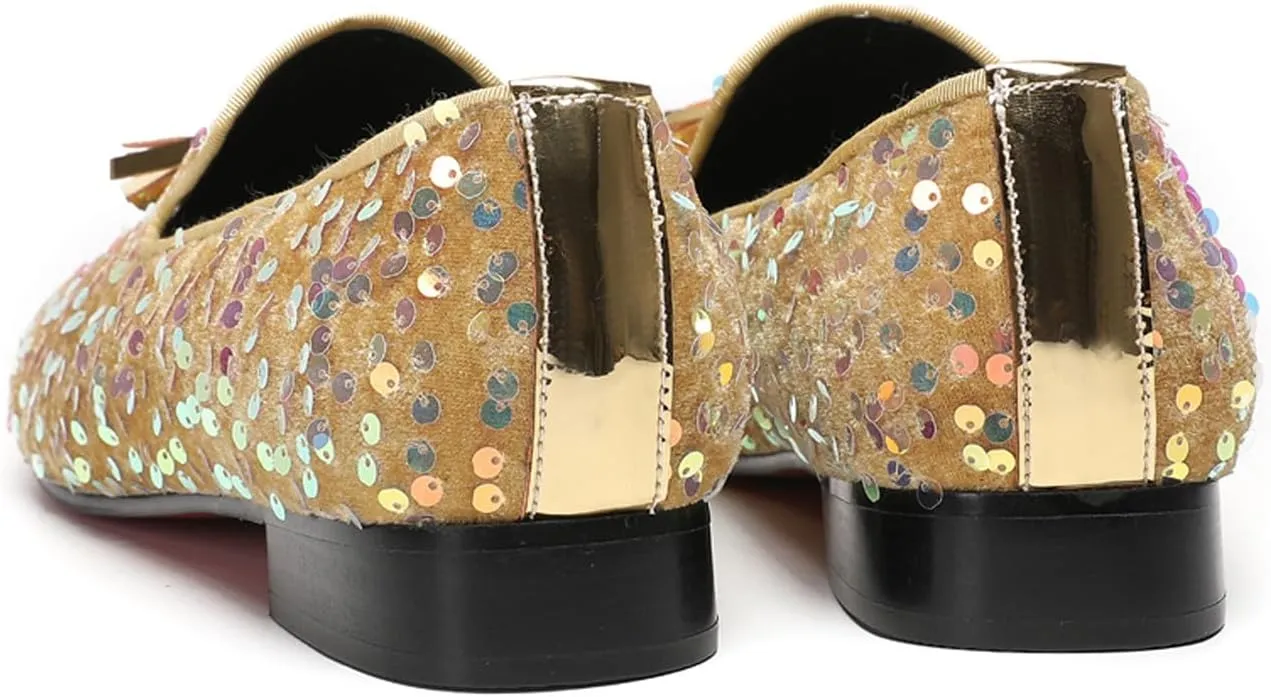 Santimon Men's Glitter & Tassel Dress Loafers | Genuine Leather Slip-On Wedding/Prom Shoes | Western-Inspired Moccasin Penny Loafers for Ballroom/Disco/Black-Tie Events