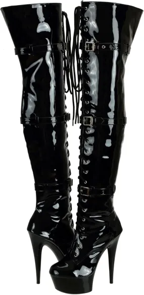 SheSole Ladies Patent Leather Thigh High 15CM Stiletto Heel Dancer Boots with Zipper Lace Up Club Party Cosplay Shoes