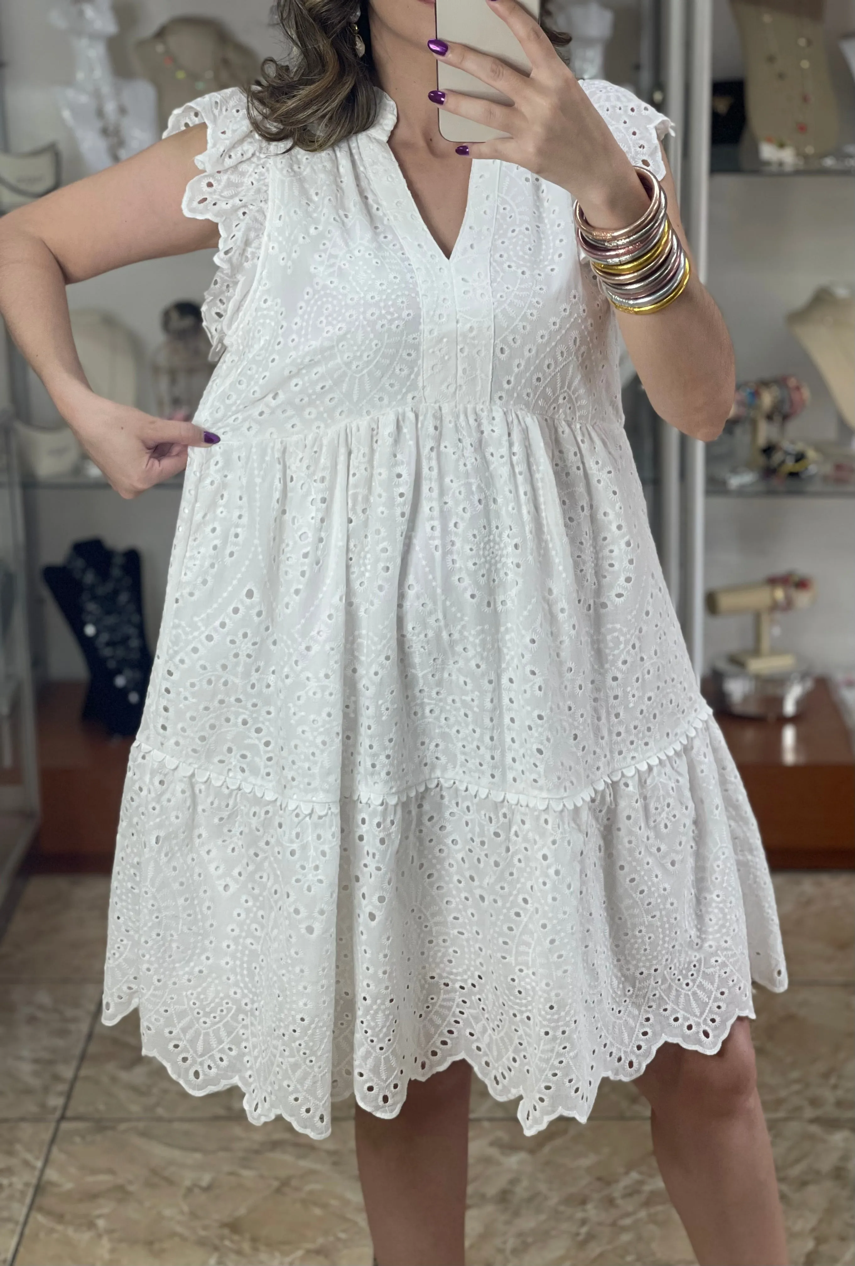 V-Neck Tiered Eyelet Dress