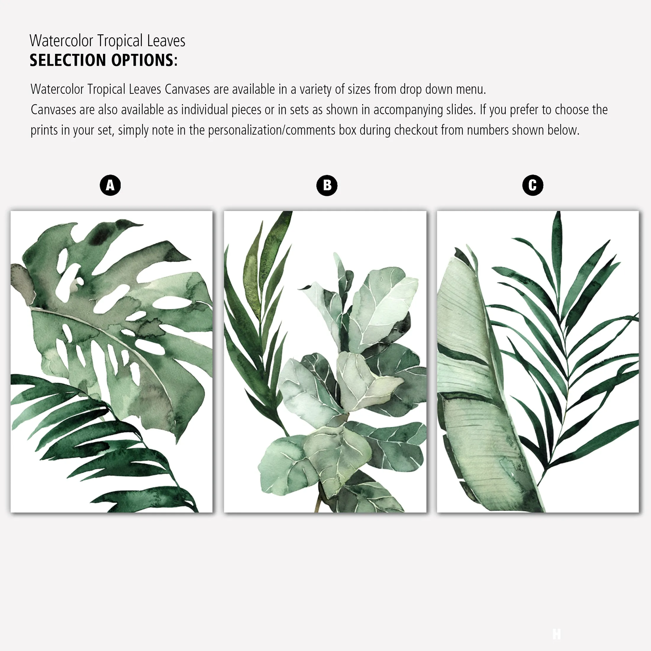 Watercolor Tropical Leaves Canvas Set