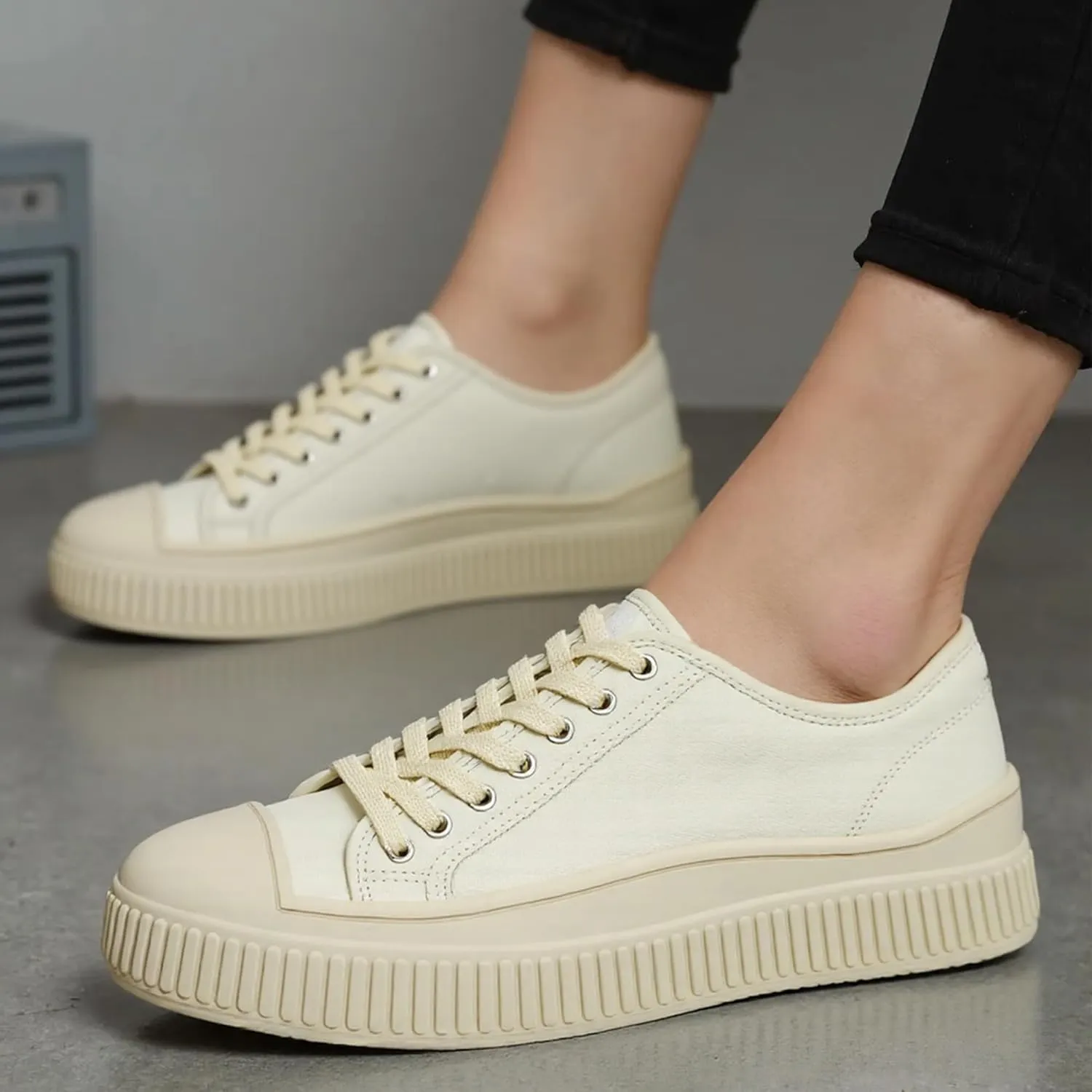 White Genuine Leather Tennis Shoes Womens Sneakers Fashion Casual Sneakers for Women Low Top Lace Up Walking Shoes